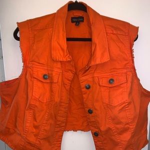 2 denim vest orange & blue with pockets great deal